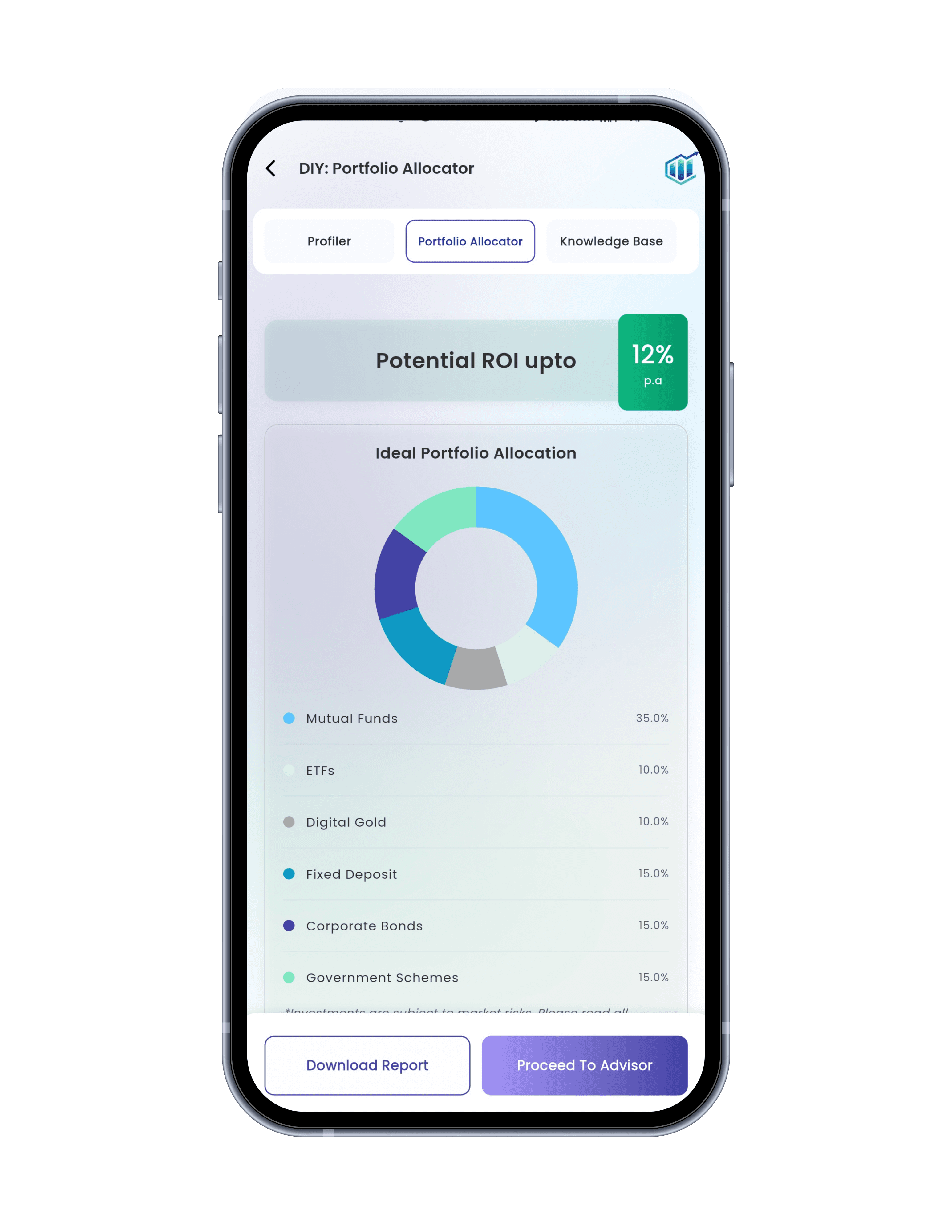 AI Allocation Result showing risk profile and pie chart